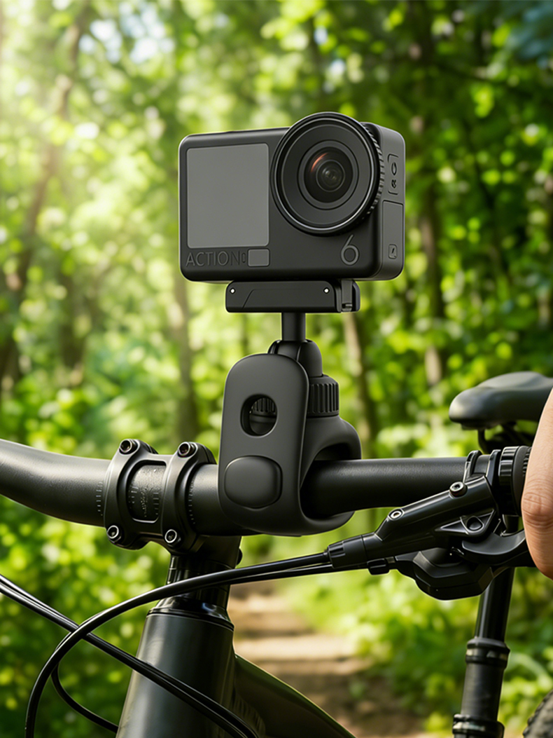 JOREVANO JV-SM01 strap mount holding an action camera on a bicycle handlebar