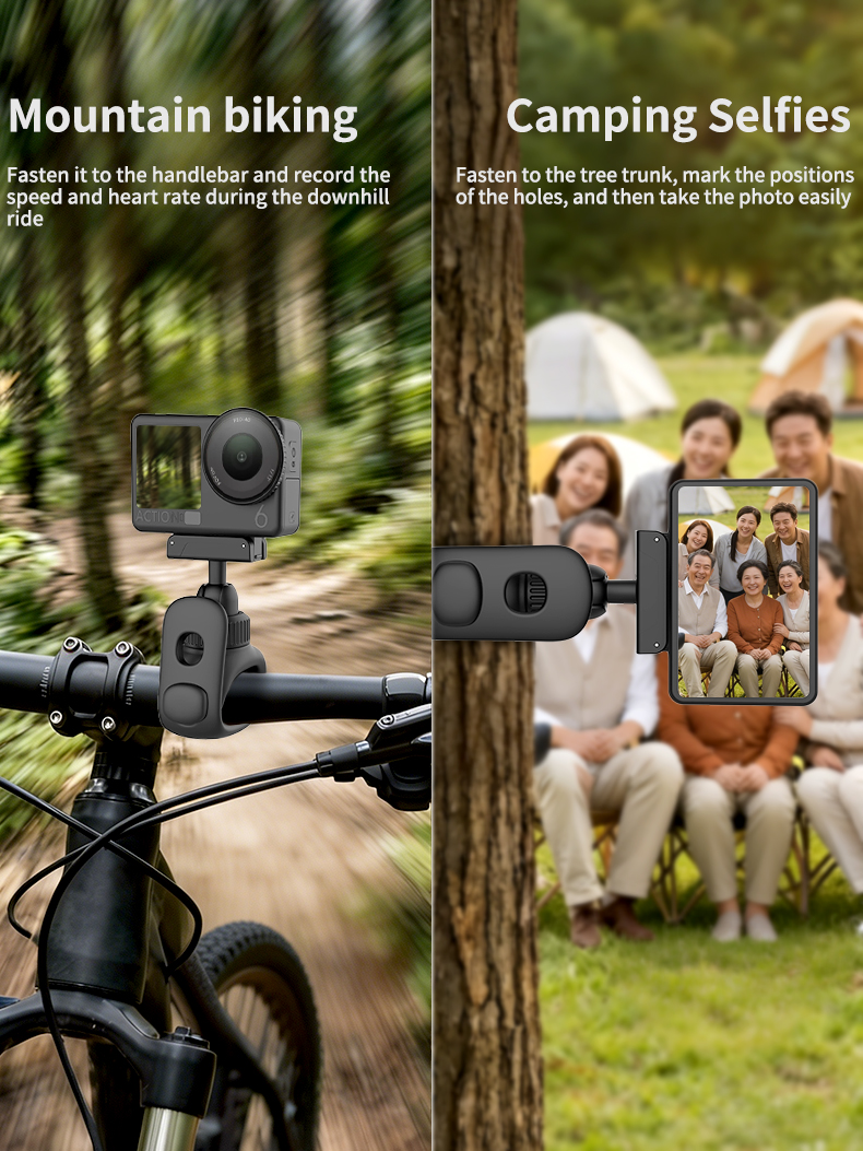 Camera strap mount illustrated in cycling and camping scenes