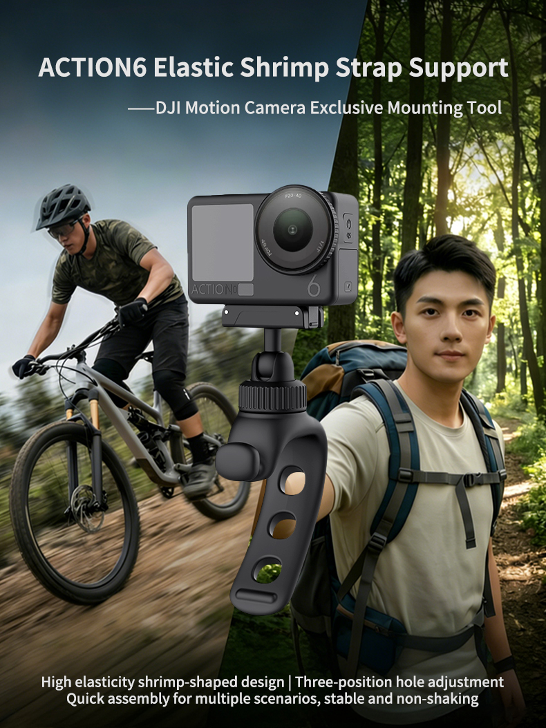 Action camera strap mount shown with cycling and hiking scenes